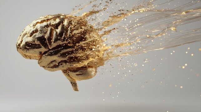 Golden Digital Brain Exploding Into Data Streams &ndash; Futuristic AI Intelligence, Neural Network Concept, Creative Mind Visualization for Tech, Innovation and Science