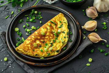 omelet with green onions on plate close-up