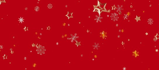 Christmas background with gold stars and snowflakes floating over a red backdrop. Perfect for holiday greetings and festive © vegefox.com