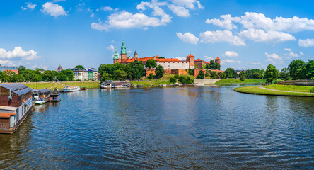 Wawel castle and the Vistula river waterfront in Krakow, Poland