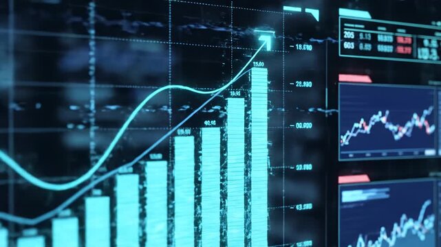 Digital blue glowing bar chart and line graph showing upward trend on dark futuristic data screen interface
