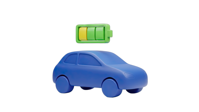Blue Electric Car Charging With A Green Battery Icon Displaying Charge Levels On A Transparent Background Clean Energy Transportation Concept - Powered by Adobe