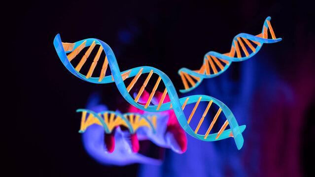 Abstract and conceptual illustration of DNA helix strands against a dark background, representing genetics and - Powered by Adobe