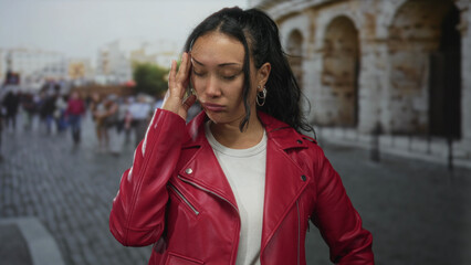Woman with hand to forehead at the roman coliseum building on a cobblestone street wearing red...