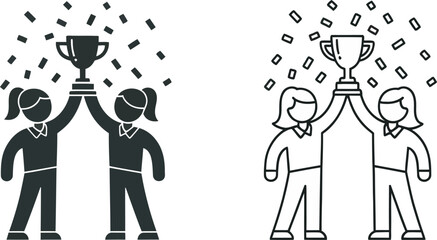 Three versions of celebrating children raising a trophy in joyful success