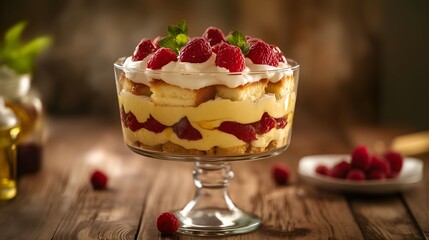 Traditional zuppa inglese dessert with raspberrys in a glass bowl on rustic style background. Ideal for commercial image, confectionery menu, recipe book and cooking blog or web site