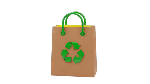Brown Paper Shopping Bag with Green Recycling Symbol and Handles on Transparent Background Clean Environment Concept - Powered by Adobe