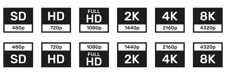 Screen Resolution Badges. Set Of Video Quality Icons. HD, Full HD, UHD, 4K, 8K, SD. HD Quality Set Collection. Isolated Vector Illustration