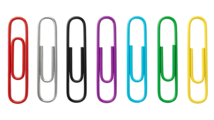 A vibrant row of colorful paper clips arranged against a stark black background for office supplies