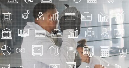 Trainer holding mitts cueing boxer throwing jabs training while moving pads, tech icons overlaying - Powered by Adobe