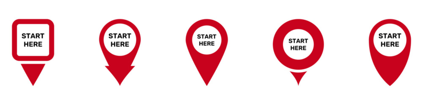 Start Here Location Pin Red Icon Set. Navigation, Beginning Point, And Map Marker Silhouette Symbol Collection. Directional Guidance And Route Planning. Isolated Vector Illustration
