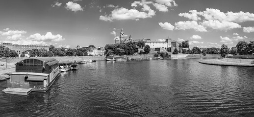 Fototapeta premium Krakow, Poland: Wawel castle and the Vistula river waterfront in black and white