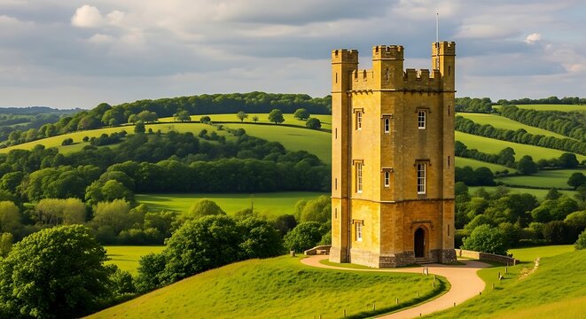 A tall, stone tower stands atop a grassy hill overlooking rolling green hills and a picturesque landscape under a partly cloudy sky