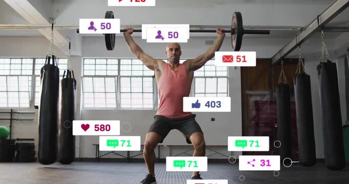 Male lifter driving legs, initiating gym lift, generating social icons around him promoting fitness