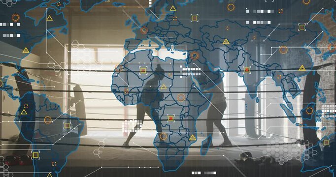 Two boxers starting with jab, trading jabs, clinching in gym for training, HUD overlay mapping ring