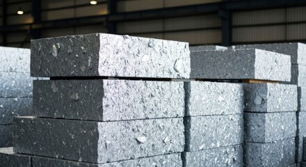 Stacked, rectangular metal blocks in industrial warehouse setting