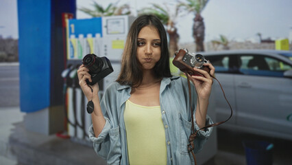 Young woman smiling holds two cameras wearing denim shirt and yellow tank at a petrol station on...