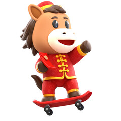 Cheerful 3D Render Horse Character Riding Skateboard with Chinese New Year Outfit