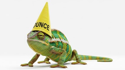 chameleon wearing a dunce cap hat, dim, dumb, stupid, on a white background, animal photo