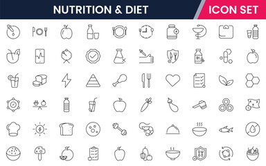 Nutrition and Diet, Healthy Food, and Detox Diet Vector Icons. Contains such Icons as Metabolism, Caunt Calories, Palm oil free, Zero trans fat, Probiotics, and more. Simple Outline icons collection.