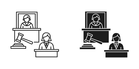 Female judge and lawyer icons set, courtroom and justice system symbols