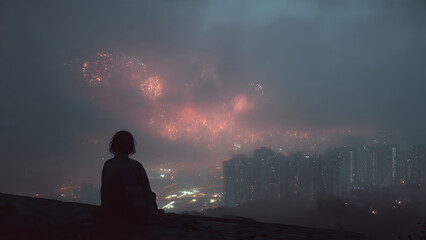 Mysterious Twilight: A solitary figure sits perched atop a structure, gazing toward an ethereal, cloud-filled sky. The city lights below glimmer in the distance.