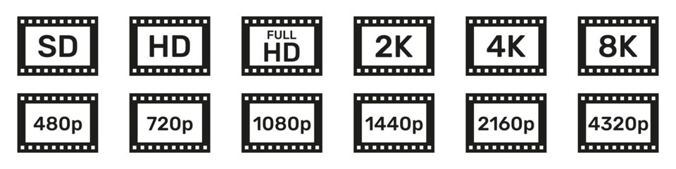 Display Resolution Icons. HD, Full HD, UHD, 4K, 8K, SD. HD Quality Set Collection. Set Of Video Quality Icons. Screen Resolution Badges. Isolated Vector Illustration