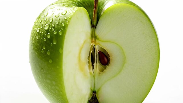 Fresh Green Apple Cut in Half on White Background.