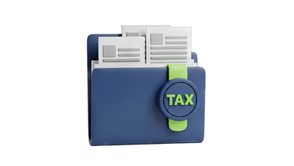 Blue Folder With Stack Of Documents Labeled TAX And Green Tab Isolated On Transparent Background 3D Render