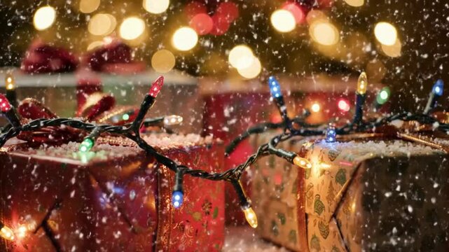 Wrapped christmas gifts with festive string lights in snowfall scene