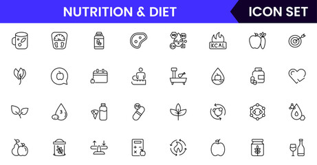 Nutrition and Diet, Healthy Food, and Detox Diet Vector Icons. Contains such Icons as Metabolism, Caunt Calories, Palm oil free, Zero trans fat, Probiotics, and more. Simple Outline icons collection.