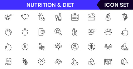 Nutrition and Diet, Healthy Food, and Detox Diet Vector Icons. Contains such Icons as Metabolism, Caunt Calories, Palm oil free, Zero trans fat, Probiotics, and more. Simple Outline icons collection.