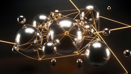 Abstract network of dark metallic spheres connected by glowing golden lines