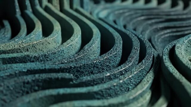 Close up of weathered, textured, wavy metal fins with bluegreen patina in industrial machinery