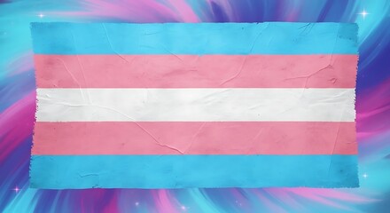 Fototapeta premium A textured, rectangular flag with three horizontal stripes of light blue, white, and pink, set against a colorful, swirling background