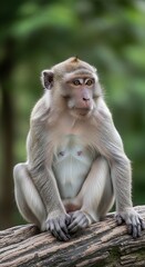 Naklejka premium A thoughtful primate, perched atop a weathered log, gazes off-camera, amidst a soft-focused green backdrop. Its fur appears soft and light