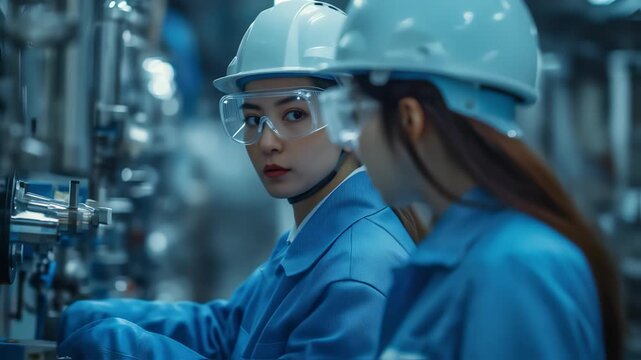 Woman factory technician in protective helmet and safety goggles inspects equipment in a modern industrial plant while a colleague works in the background conveying teamwork, safety protocols, and tec