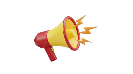 3D Red And Yellow Megaphone With Lightning Bolts On A Transparent Background Announcing With Sound...