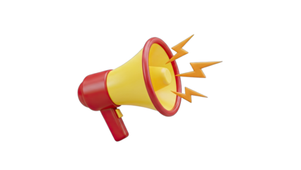 3D Red And Yellow Megaphone With Lightning Bolts On A Transparent Background Announcing With Sound Waves And Energy