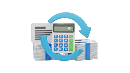 Calculator and Stack of Bills with a Circular Arrow Symbol on Transparent Background Representing Financial Transactions and Budgeting