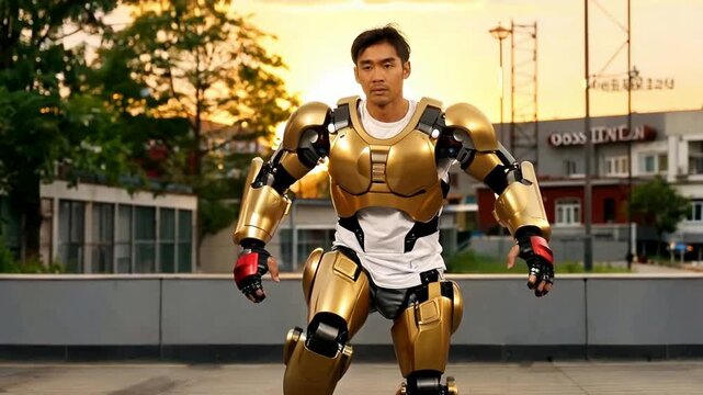 Man in futuristic golden exoskeleton suit standing outdoors.