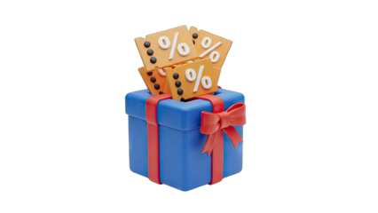 Blue gift box with red ribbon and bow topped with orange discount coupons featuring percentage symbols and black dots isolated on transparent background 3D render