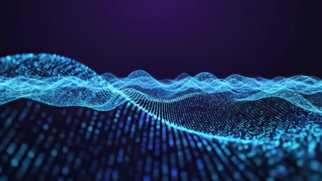 Abstract glowing blue digital wave surface made of glowing particle dots in dark background