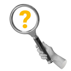 Hand holding magnifying glass with question mark. Represents search, inquiry, or problem solving. Part of series