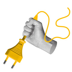 Hand gripping yellow electrical plug. Symbolizes activation, connection, or powering up a system. Part of series