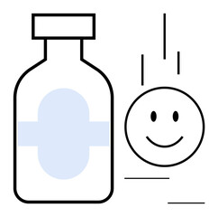 Healthcare concept. Healthcare highlights medicine, wellness, and recovery. Healthcare with a medical bottle and smiling face for positivity. For medical care, therapy, well-being, pharmacy