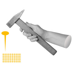 Hand holding hammer above nail and grid. Symbolizes building, construction, or implementing solutions. Part of series