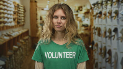 Woman with hair pulled back and pensive look stands in a workshop as a young blonde volunteer...