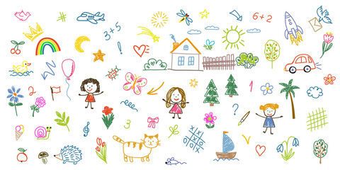Doodle-style craft kit for children. Simple hand-drawn decorative elements. Various icons, dolls, hearts, a house, trees, stars, and lines. Vector illustration.
