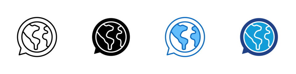Global Chat Multiple Style Icon Design Vector - speech bubble containing a world map, representing worldwide communication or global discussions